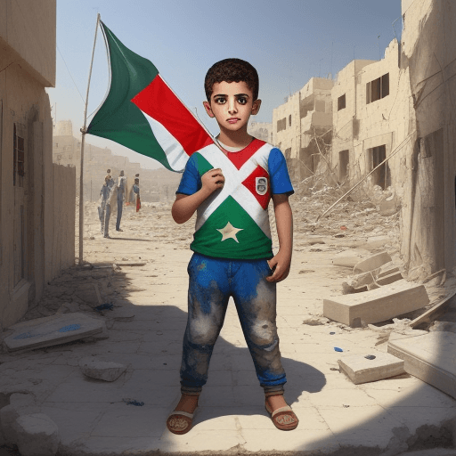 AI generated: Painting of a boy holding the Palestinian flag, color photo, by Yahya Desouky, 🌻🎹🎼, destroyed cit...