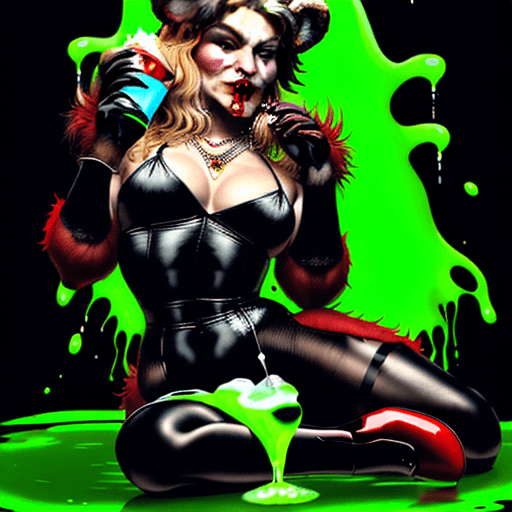AI generated: a grisly bear dressed in red fur looking like Madonna has a high heeled black shoe in his hand from ...