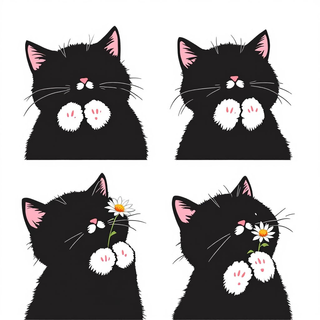 AI generated: 4 different 
black Cat with white paws 
and flower in a Takeshi Kitano style, in a minimalist and hu...