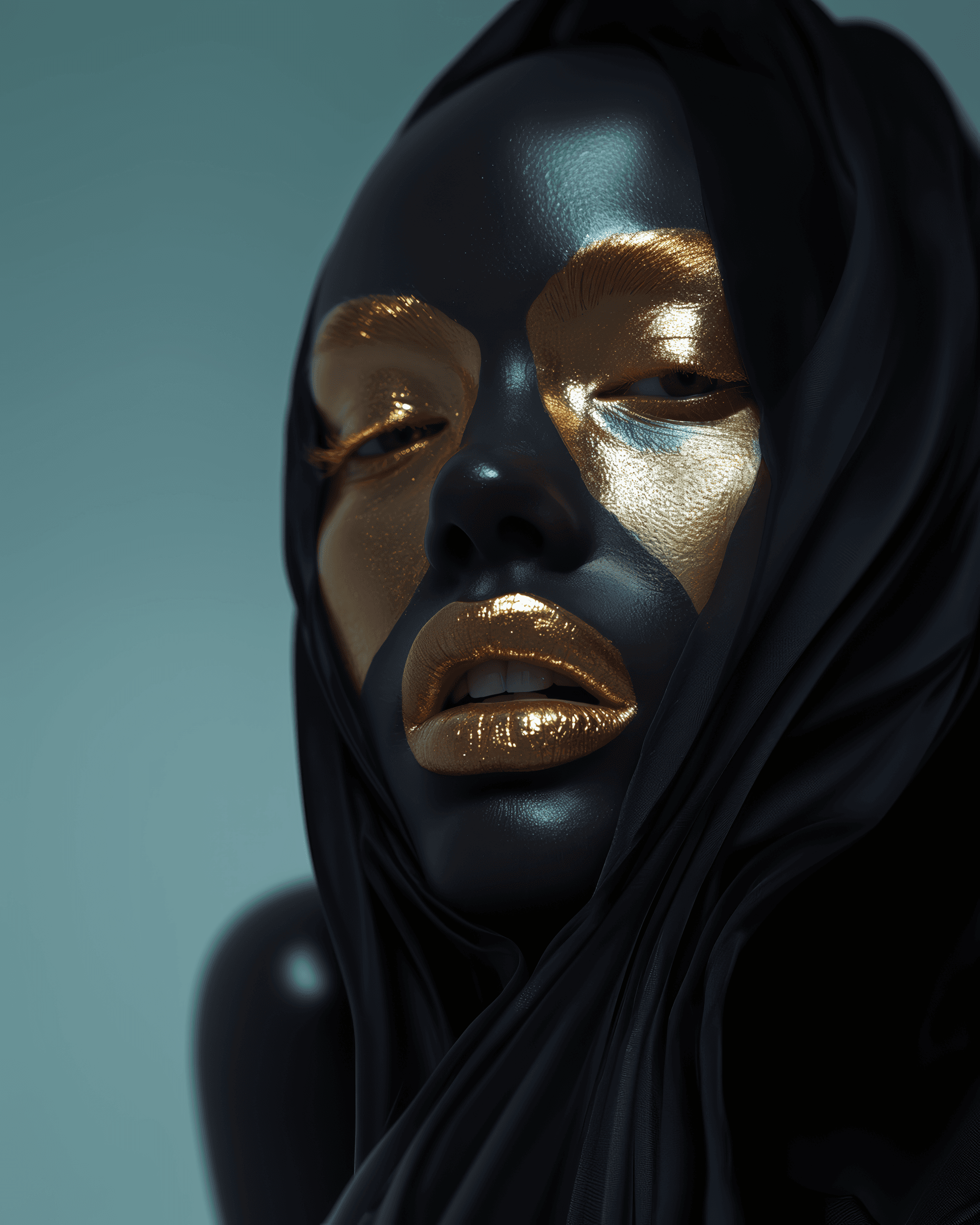 AI generated: a woman with a large jaw and gold teeth, in the style of futuristic minimalism, restrained forms, da...