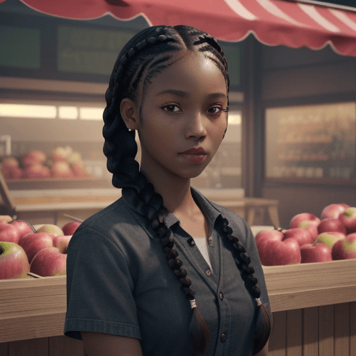 AI generated: Black girl with braids stares at an apple stand, hyper-realism, high detail, octane render, 8k