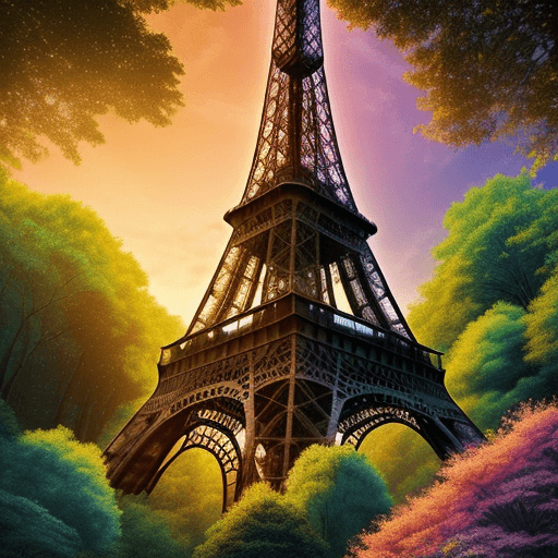 AI generated: The Eiffel tour lost in a dense forest with big trees, countryside, flowers, sunset, vibrant colors,...