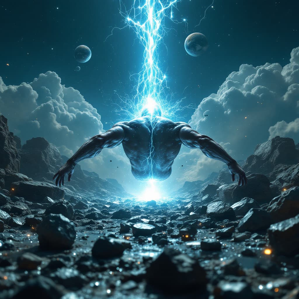 AI generated: Darkwave, synthwave,  epic music album cover. It portrays a close up of a floating very muscular per...
