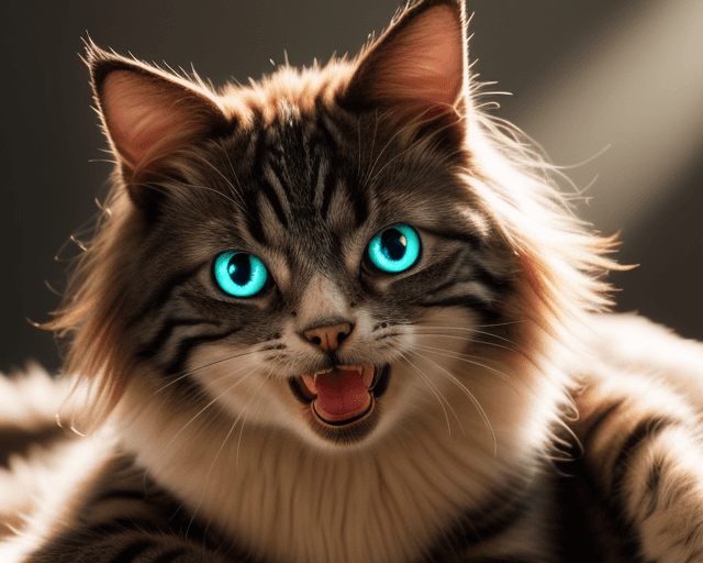 AI generated: Photo of a hairy cat with cute smile with embroidery on the head and dropping down. Glowing hair and...
