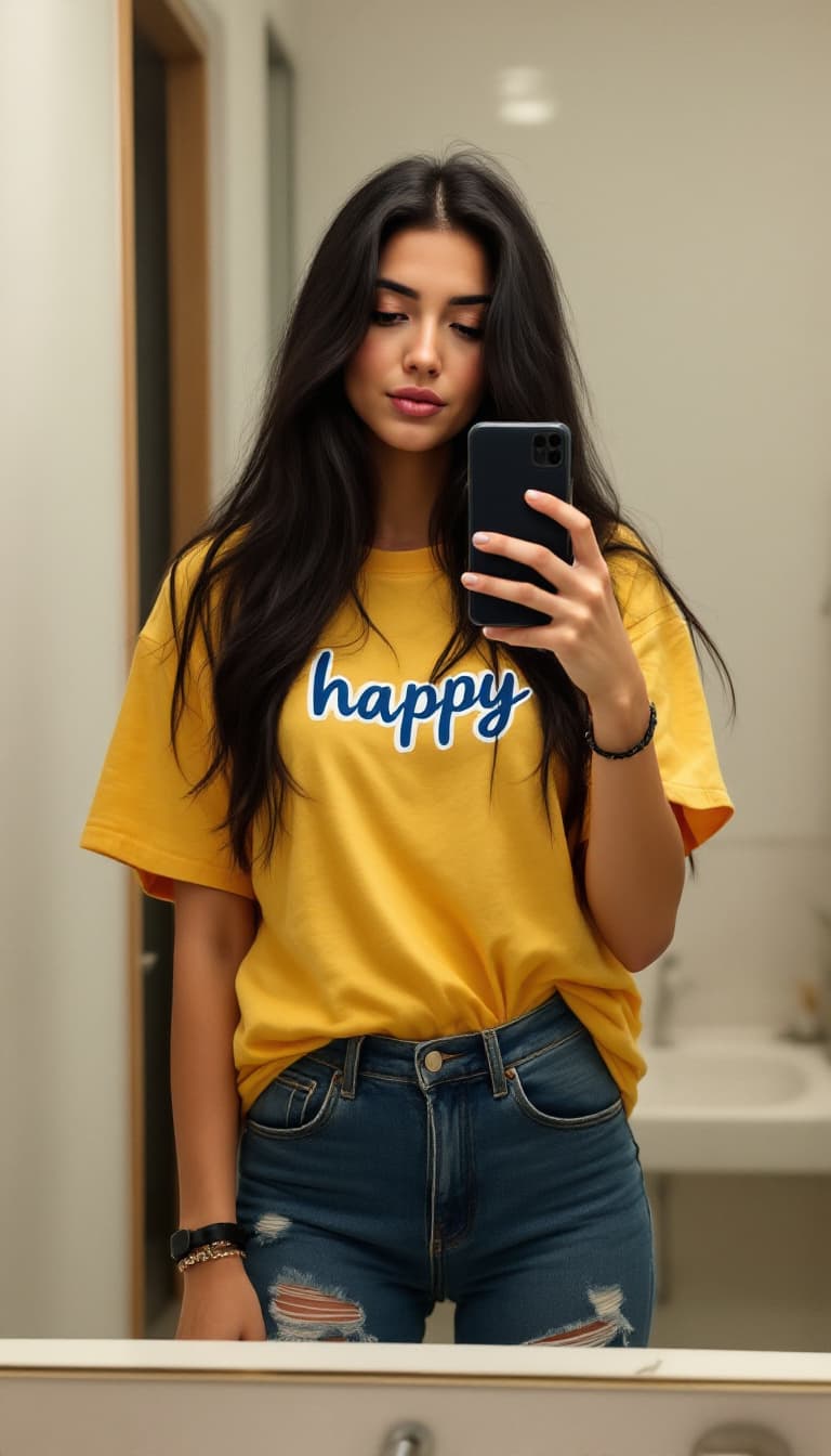 AI generated: A 35 years old with long black hair is taking a selfie in her bathroom. She is wearing a yellow T-sh...