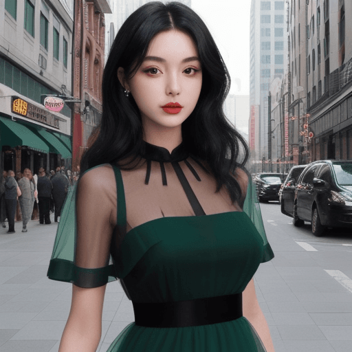 AI generated: beautiful lady in the city, BLACK HAIR,  DRESS GREEN TRANSPARENT