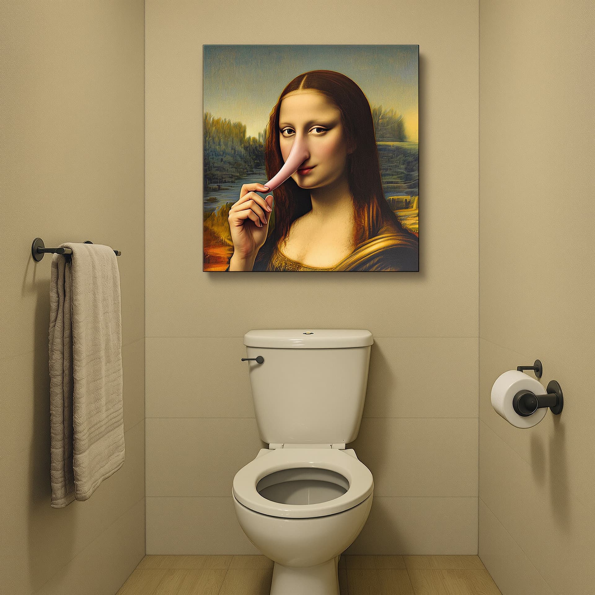 AI generated: Mona Lisa holding her NOSE An oil painting of Mona Lisa holding her nose! over the top of a toilet b...