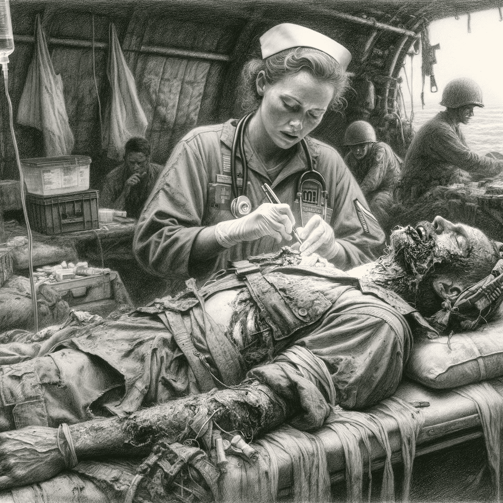 AI generated: DALL·E 2023-11-17 17.00.50 - Epic pencil drawing in the style of Larry Smith, depicting a Navy nurse...
