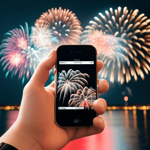 AI generated: a hand holding a cell phone with an image of fireworks