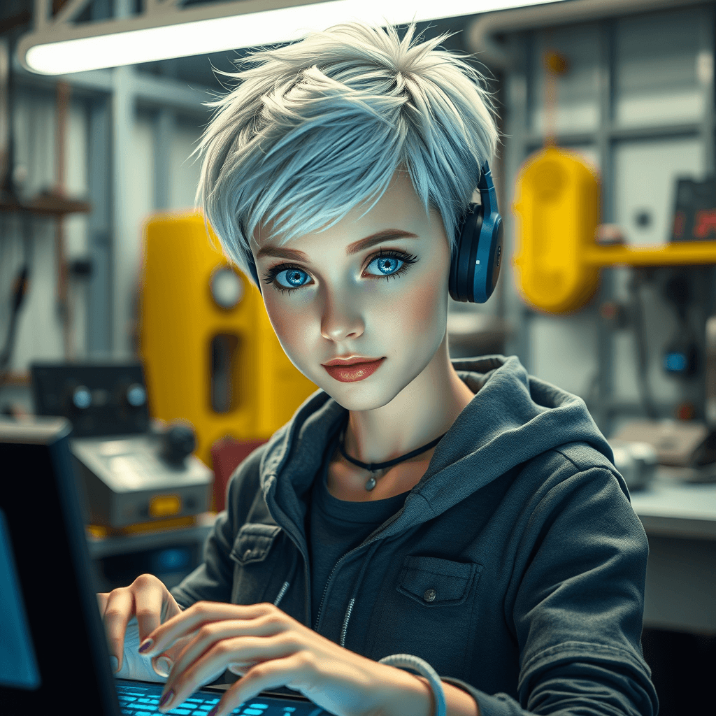 AI generated: Hyperrealistic Photography, A lovely tech-savvy girl with short, pixie-cut silver hair and bright bl...