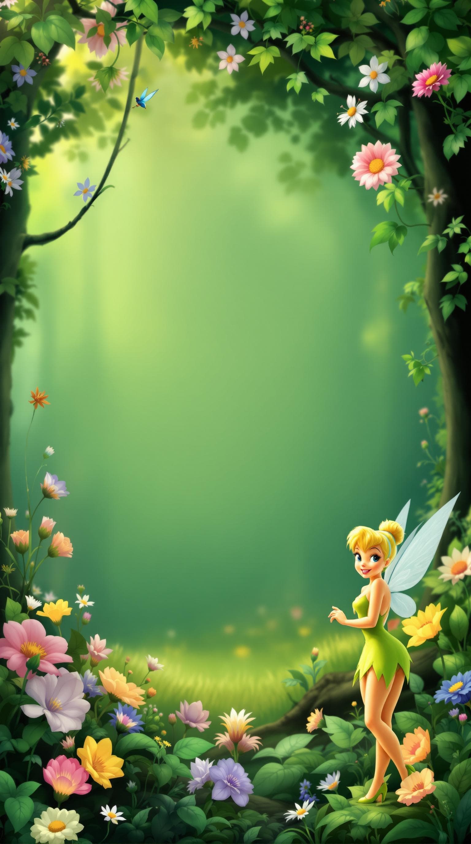 AI generated: birthday invitation, whatsapp format, tinkerbell theme, forest background with flowers, green, tinke...
