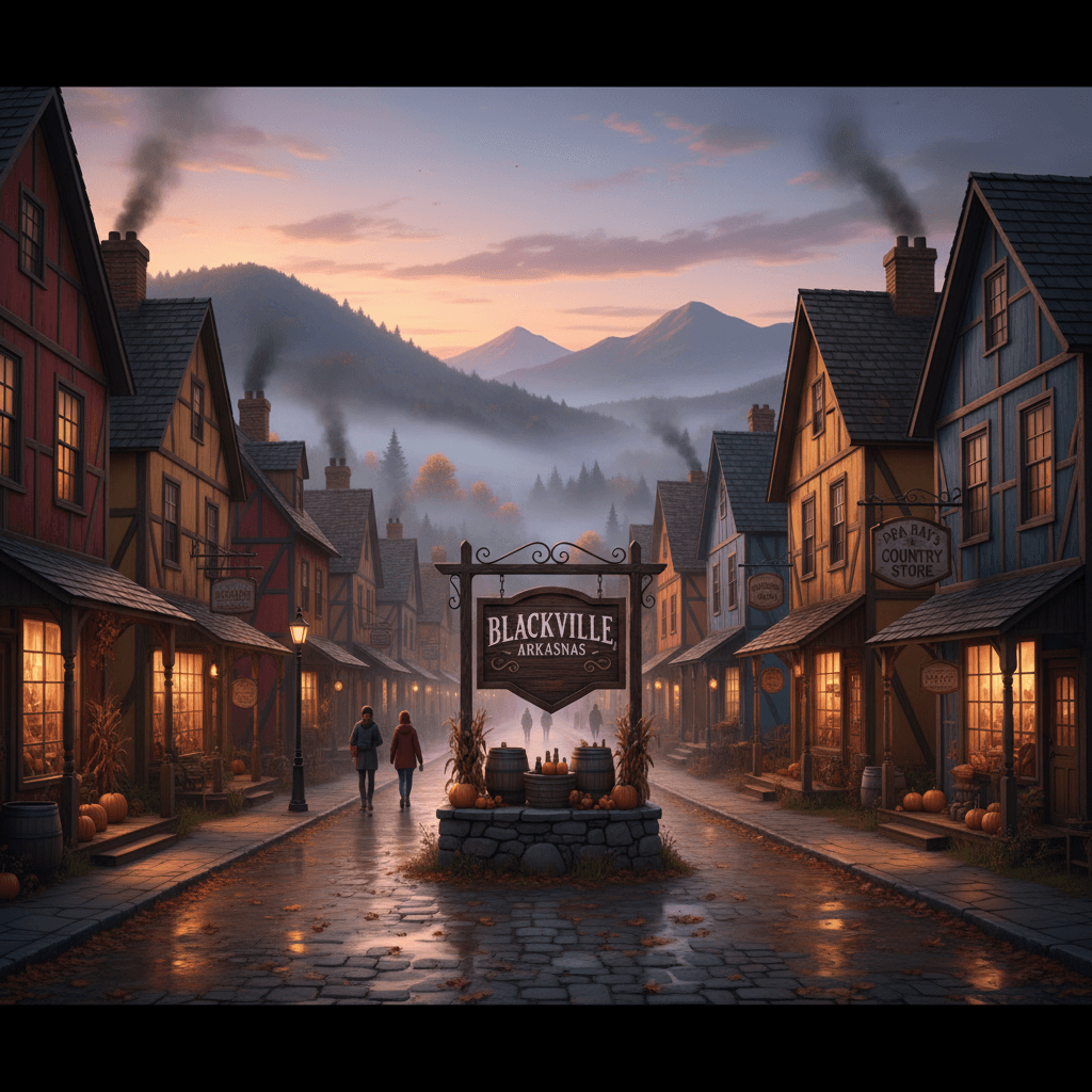 AI generated: A fall evening Street in an Historic Black American Village with Colorful Timber-Framed Houses and a...