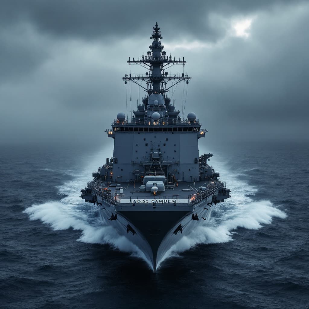 AI generated: professional photo of the USS Camden (AOE-2), refueling ship on the high seas, during ruff weather, ...