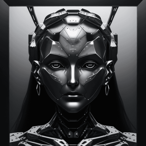 AI generated: a large metal sculpture of a woman's face with a metal frame around it. Her face appears to be made ...
