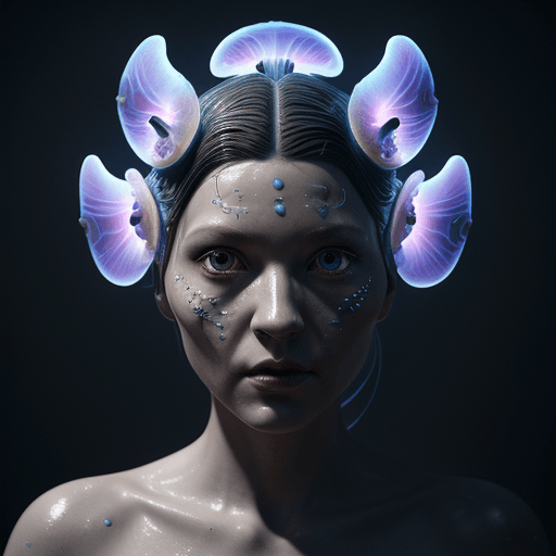 AI generated: Goddess close-up portrait ribcagel. jellyfish phoenix head, nautilus, orchid, skull, betta fish, bio...