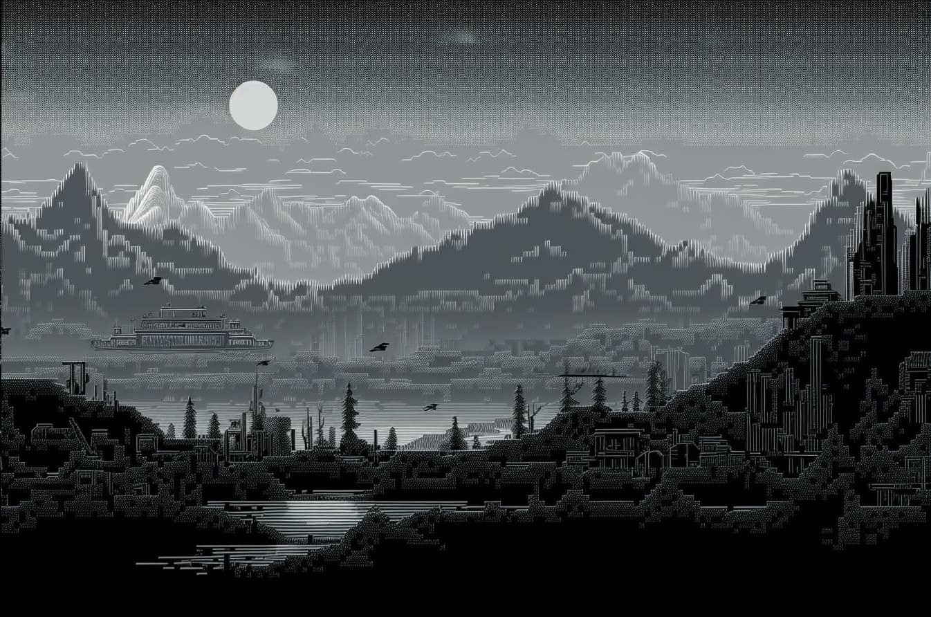 AI generated: ASCII art styled landscape, dystopia --q 2 --v 5 --ar 3:2