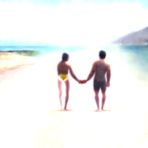 AI generated: son and father on beach holding hand , swimsuit

