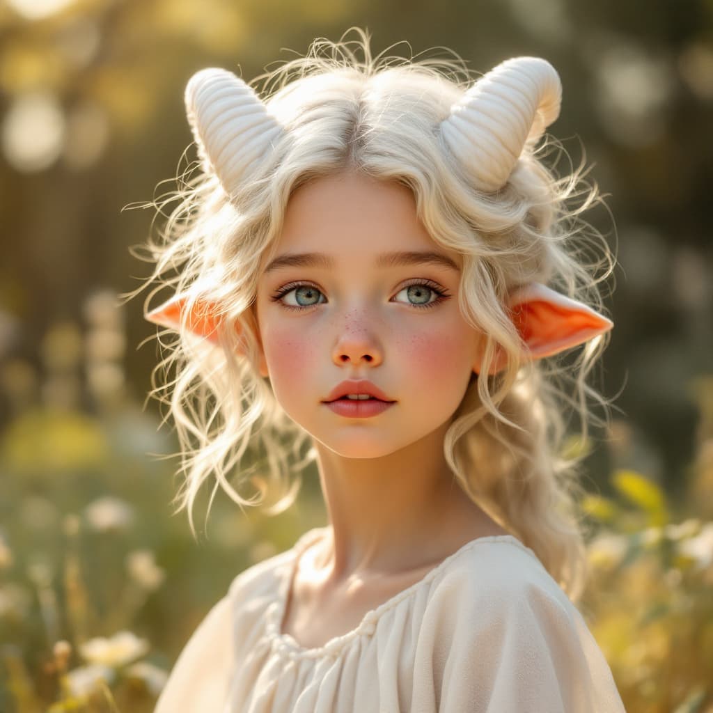 AI generated: A young girl named Leta with small white horns and the upper part of her face resembling that of a s...