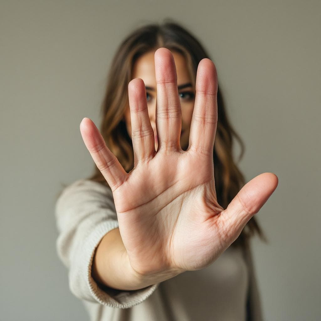 AI generated: A realistic photo of a woman standing with her hand open facing the camera (stop sign with hand) , n...