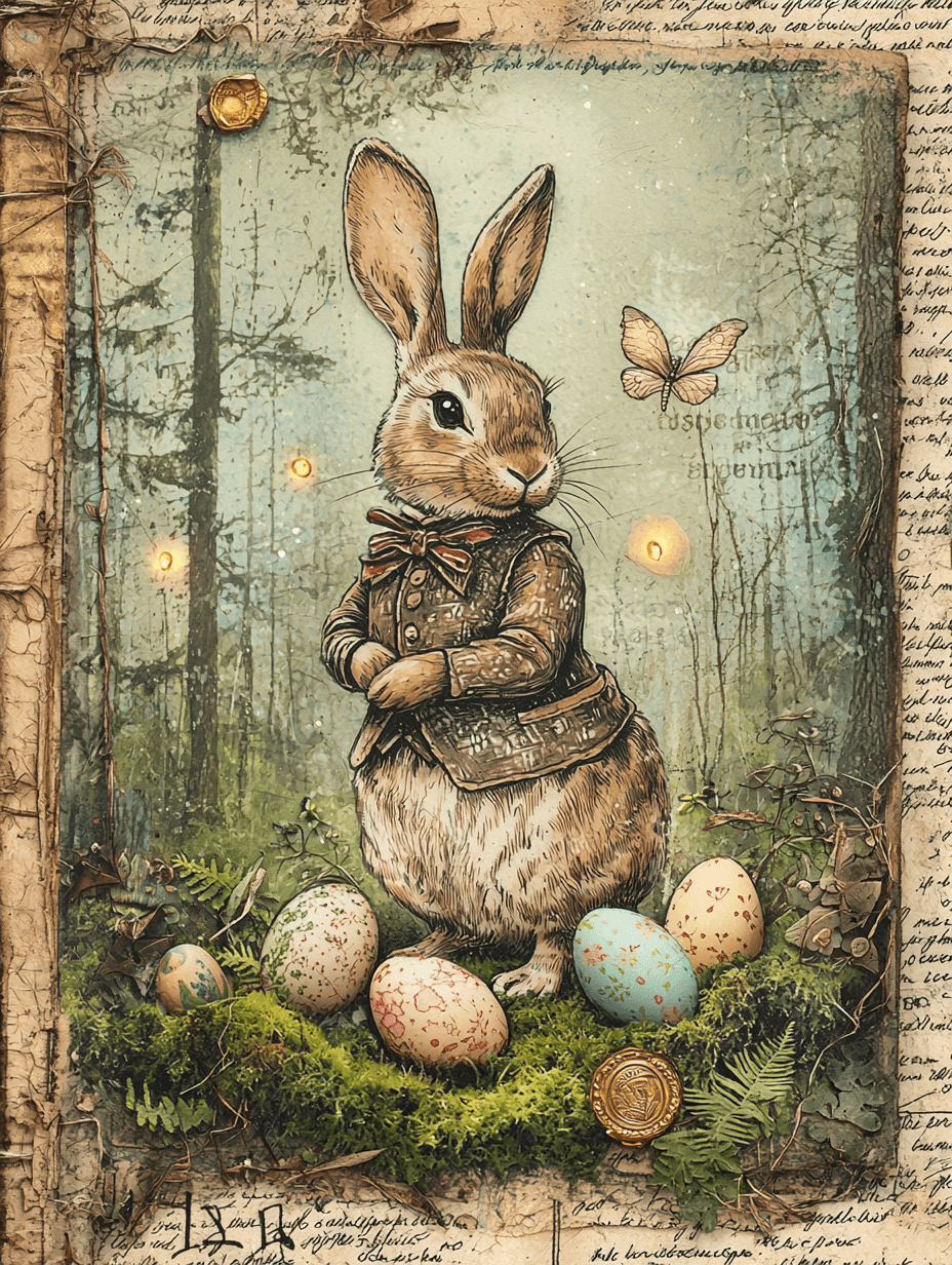AI generated: Hand-drawn vintage Easter junk journal page, worn parchment texture mixed media collage, layered wit...