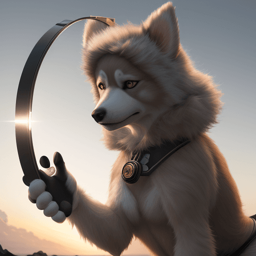 AI generated: Photo of a ultra realistic person in a furry dog costume holding a giant fidget spinner, dramatic li...