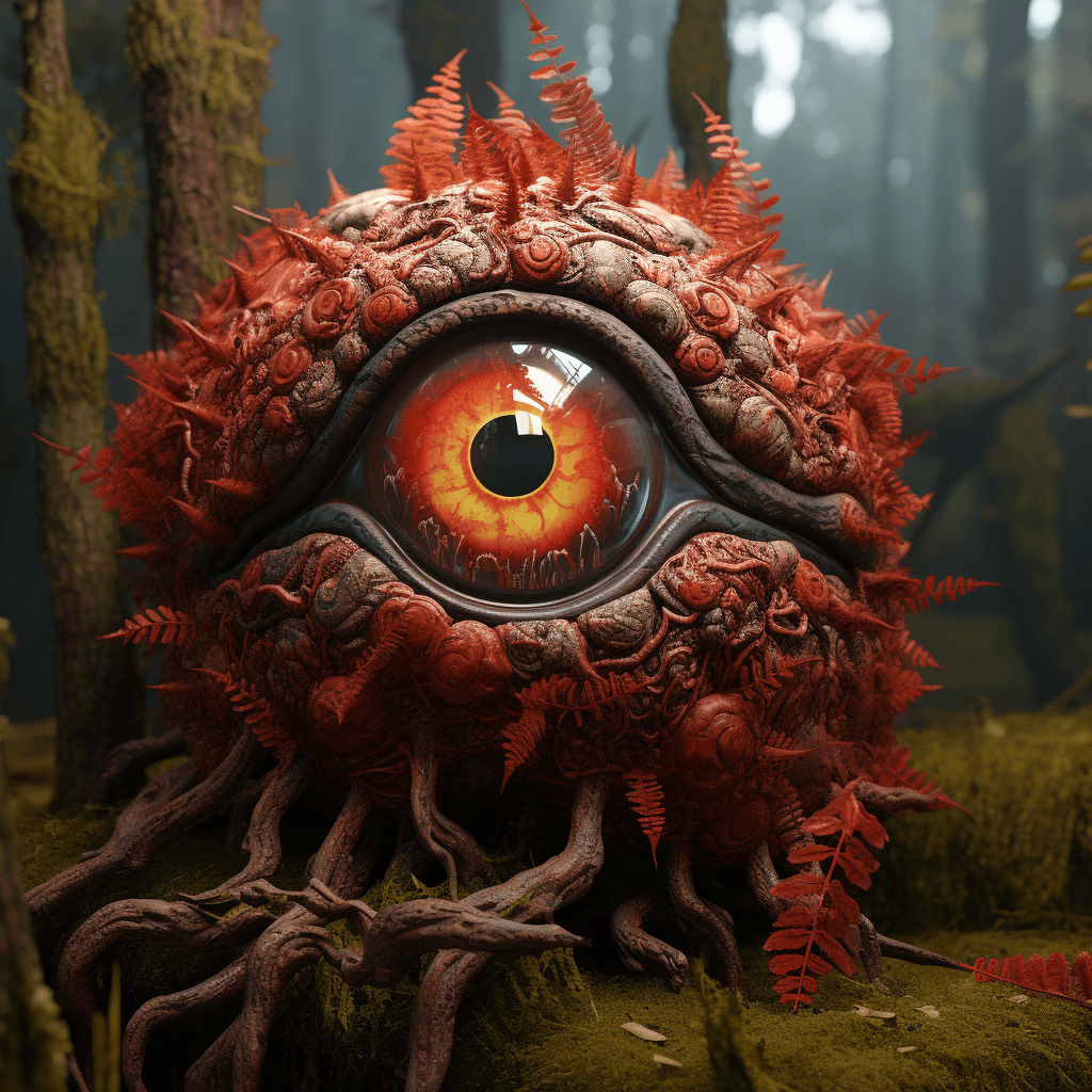AI generated: a scary looking wood creature with a red eye, in the style of filip hodas, daz3d, sandy skoglund, na...