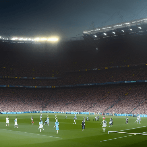 AI generated: In the heart of the bustling city, the iconic teams of Manchester City and Real Madrid clash on a pr...