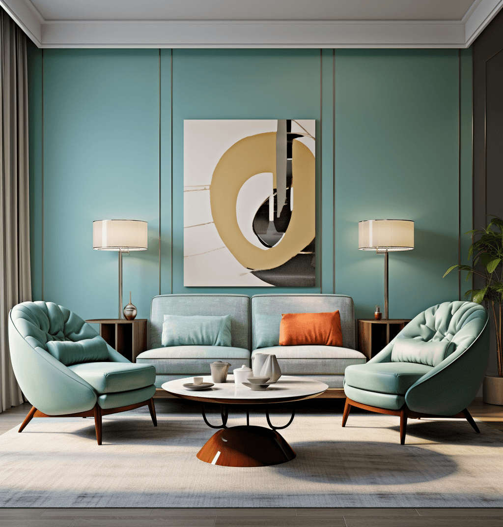 AI generated: blue living room design, in the style of 1960s, light green and dark aquamarine, light green and dar...
