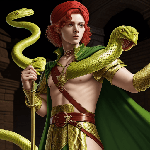 AI generated: fantasy, cleric of hesinde, short red hair, curls, male, lime vestment, lime turban, gold snake chok...