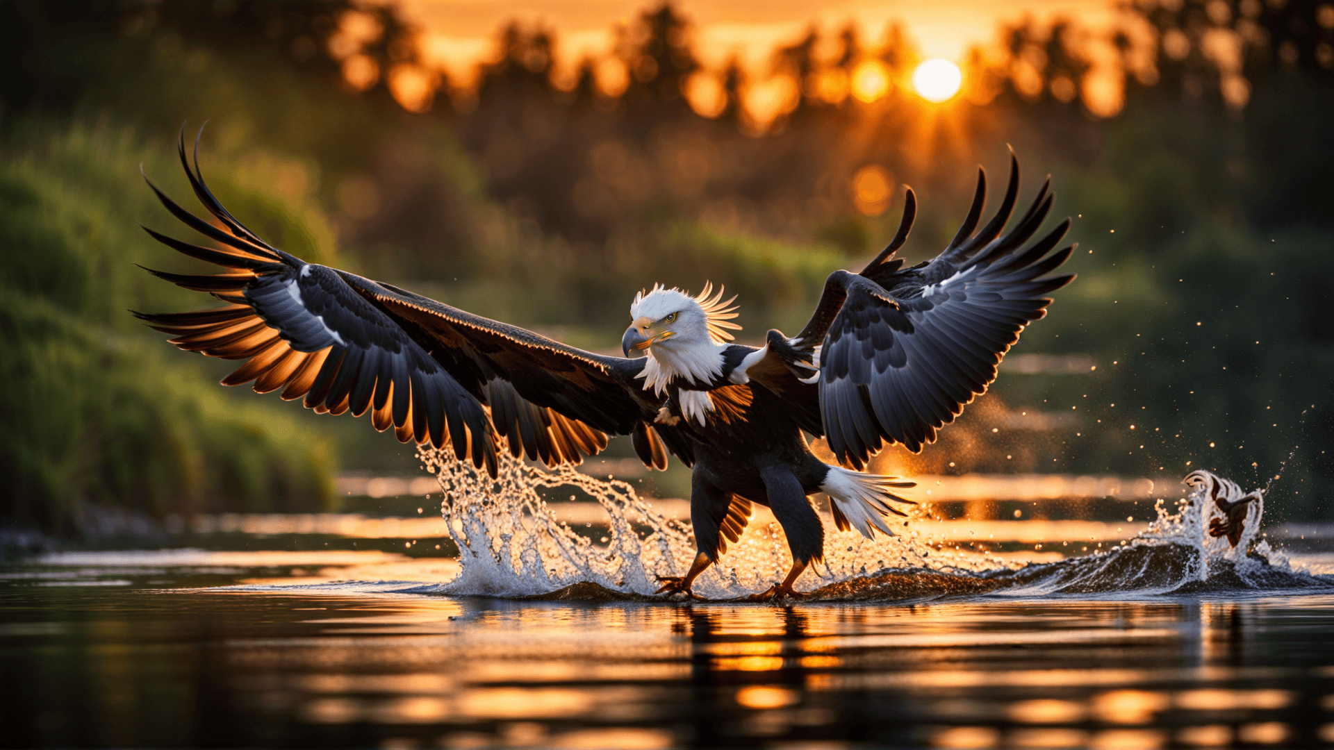 AI generated: Canon DLSR 80mm RAW Photo, synthwave punk, sunrise over a wide river and a fish eagle with a fish in...