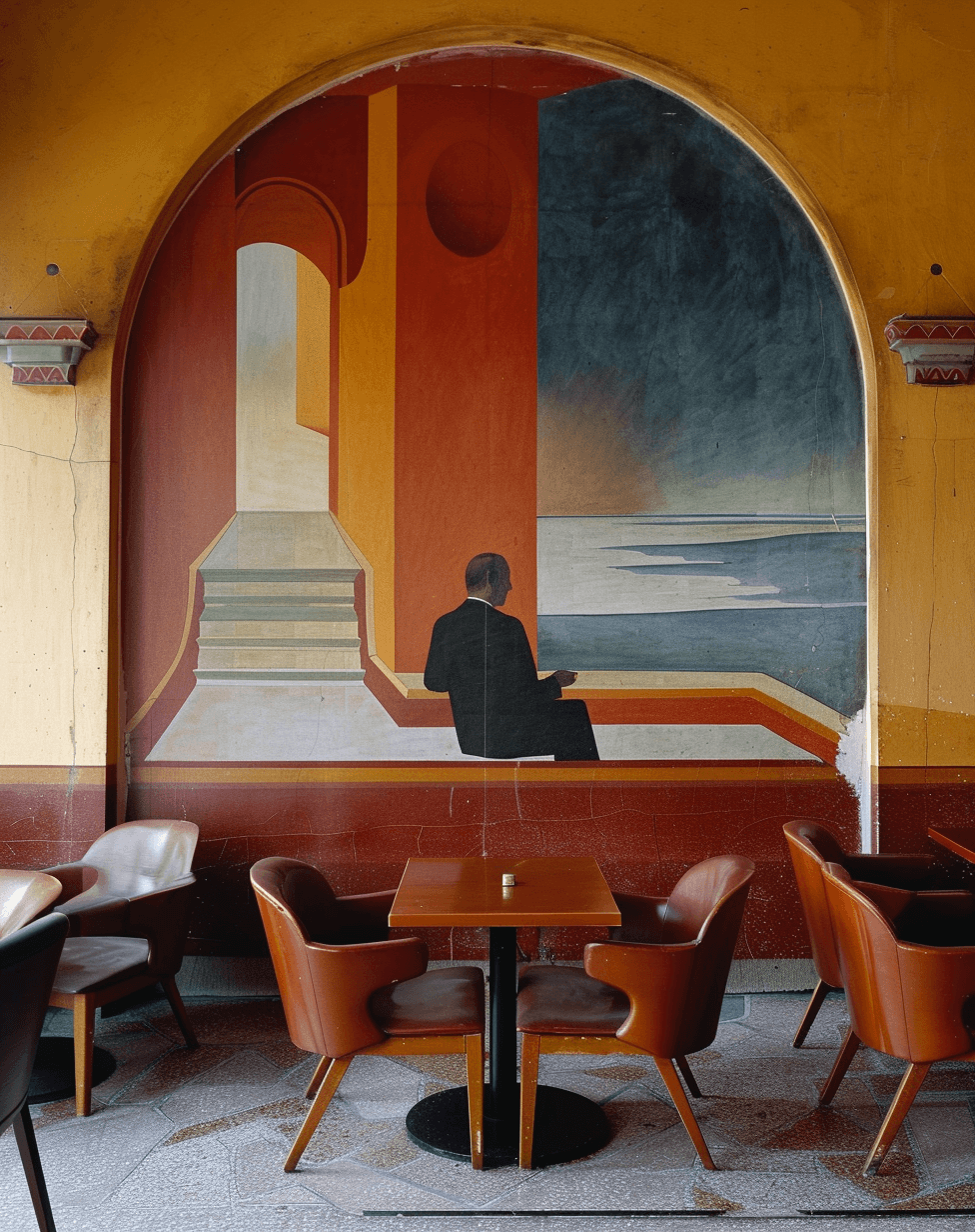 AI generated: the cafeteria features a large mural of a man dressed as a duck seated at a coffee table, in the sty...
