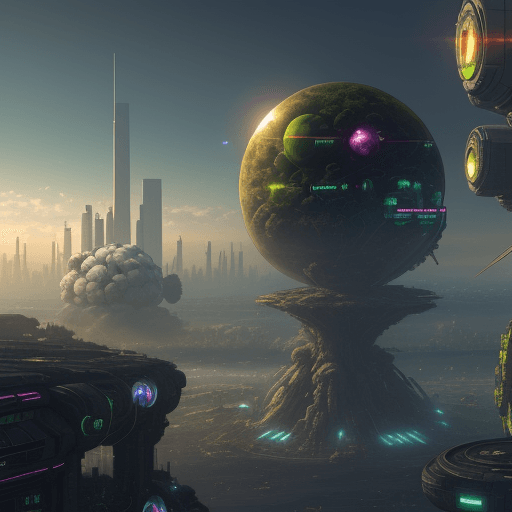 AI generated: Different elements in spheres: Energy, war, Ecology, Economy, Health and Technology. Background is t...