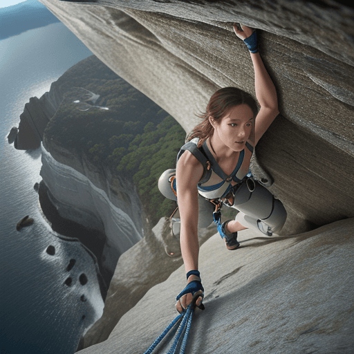 AI generated: Craft a hyper-realistic image of a woman rock climbing, captured from a top-down perspective that ac...