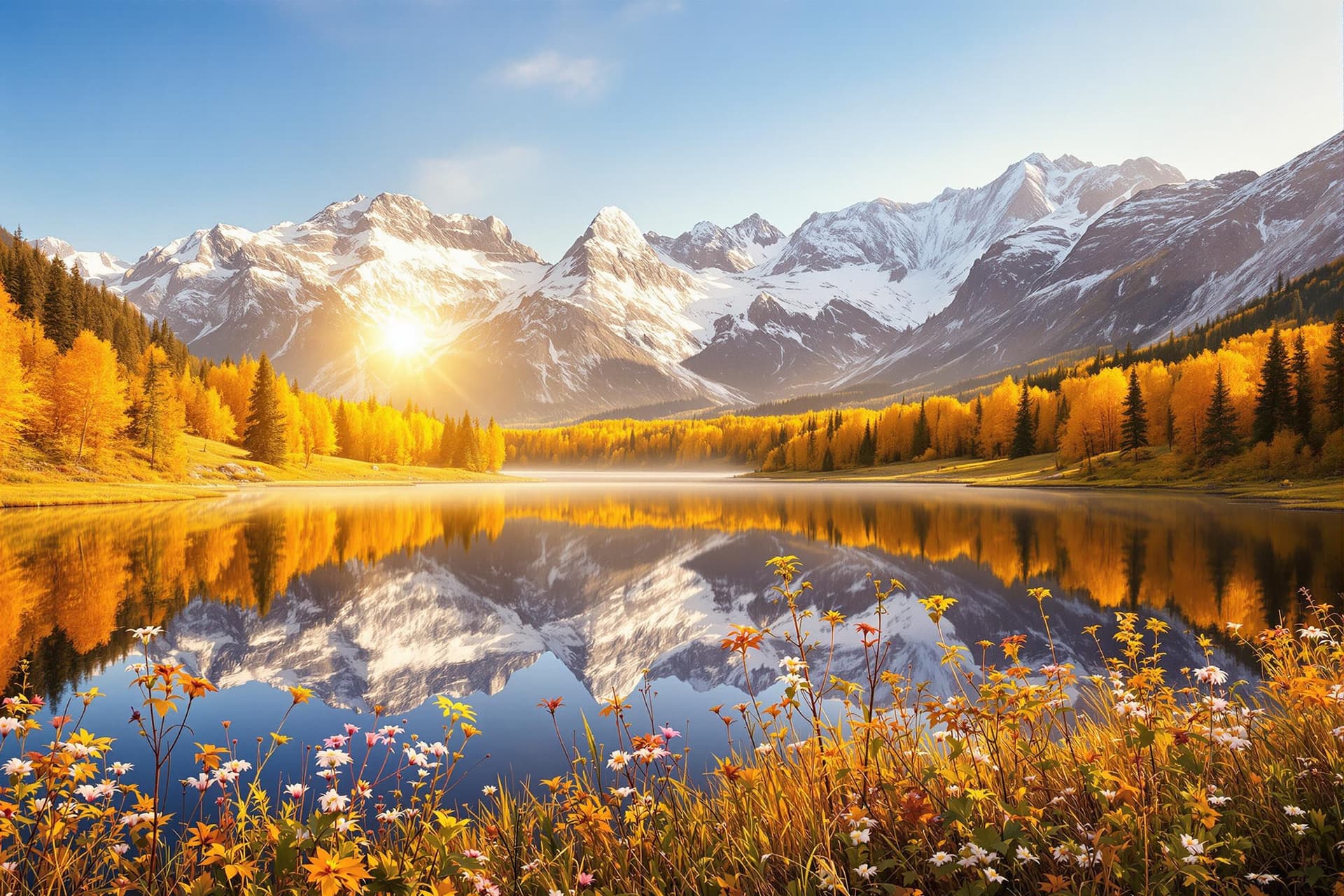 AI generated: (A serene mountain landscape at sunrise), featuring a calm lake with a mirror-like reflection of the...