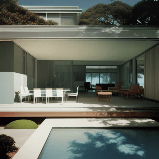 AI generated: Hyper realistic eye level exterior photo of a mid century modern style house overlooking the ocean, ...