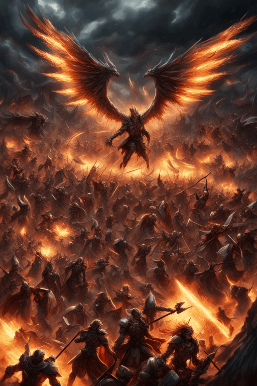AI generated: bird's-eye view, an ultra-realistic battle between an army of demons fighting against Valkyries and ...