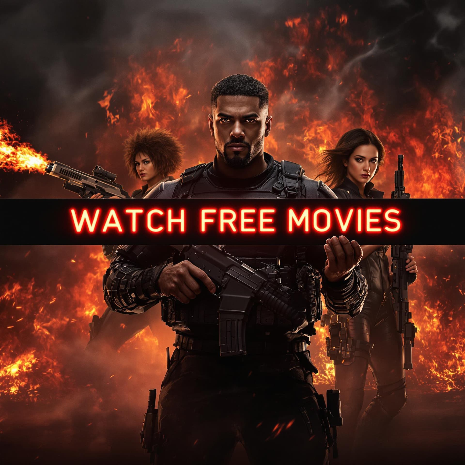 AI generated: A dramatic cinematic scene showing a confident man standing front and center, holding a large black ...