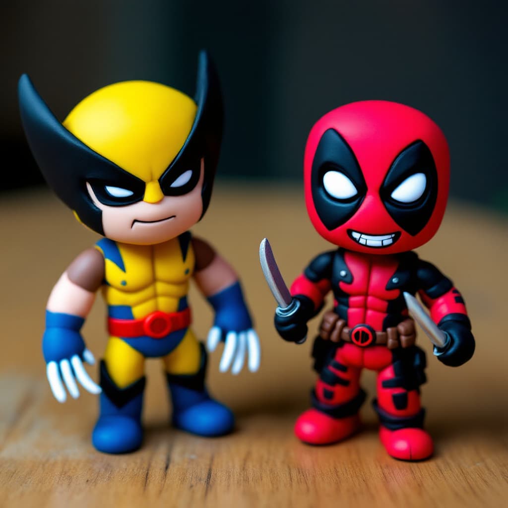 AI generated: Two plasticine figures of Deadpool and Wolverine, modeled with bright, colorful clay. Deadpool is de...