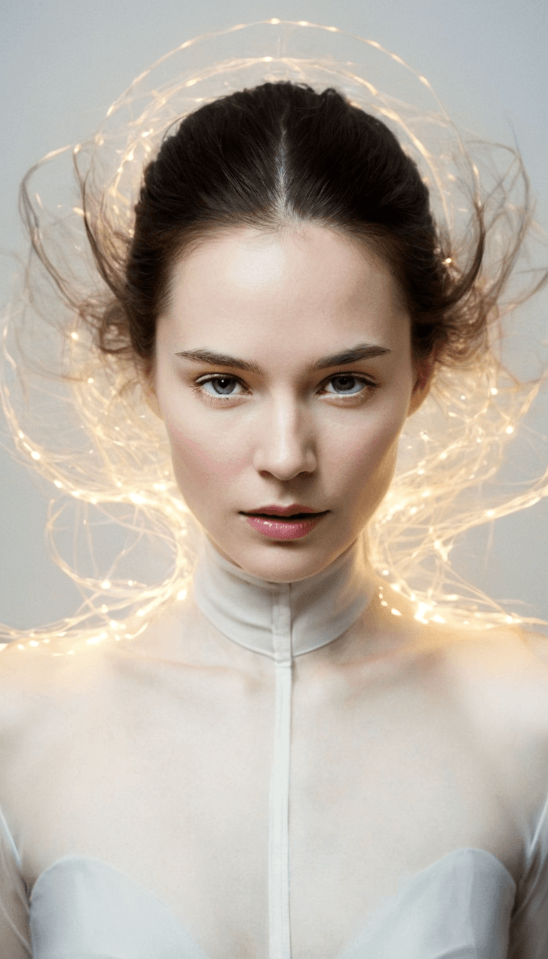 AI generated: fashion editorial, portrait of a longhaired beautiful woman in white dress in studio back lights wit...