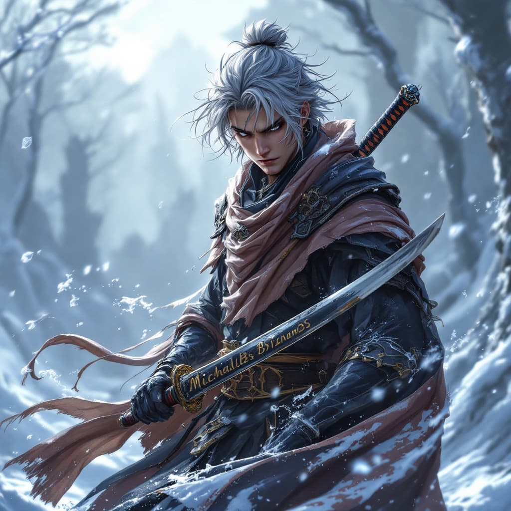 AI generated: ice backround,gray hair,mighty mage with an old school katana with a bankai, "MichalisBS" writen on ...