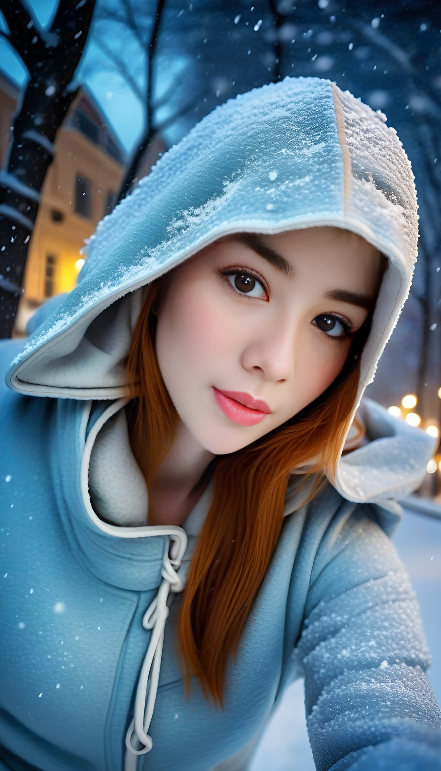AI generated: HDR photo of woman, ginger hair, (freckles:0.6) , light-blue eyes, perfect eyes, wearing a hooded cl...