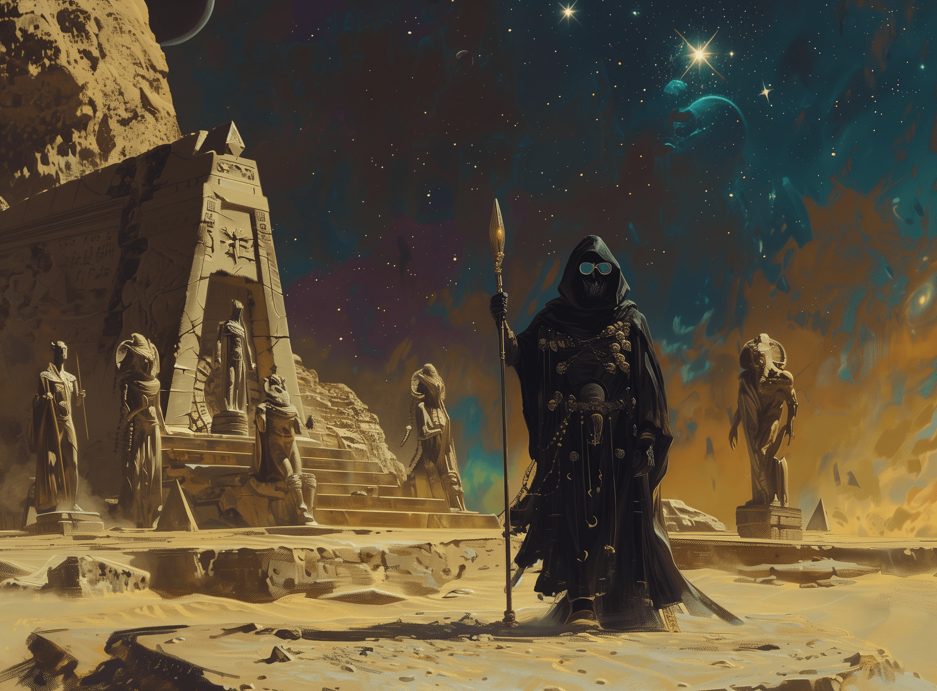 AI generated: A dark hooded monk in robes stands on an alien planet. He is holding his staff and wearing sunglasse...