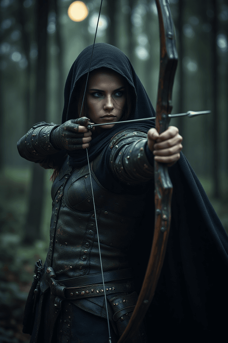 AI generated: A master archer in studded leather armor and a flowing black hooded cloak stands poised, drawing a s...