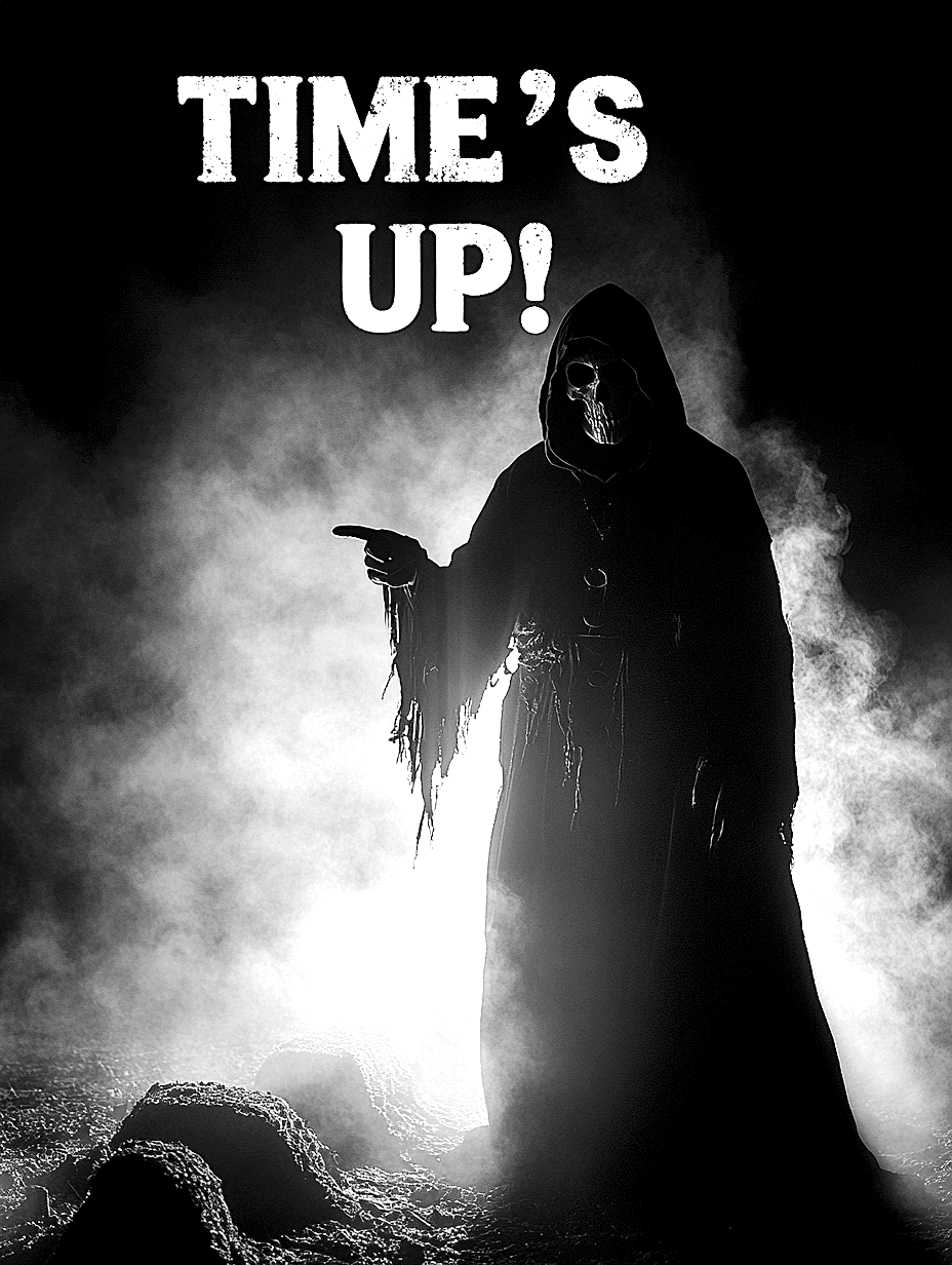 AI generated: The Grim Reaper is wearing a hooded black cloak holding in his left hand his sharpened sickle is res...