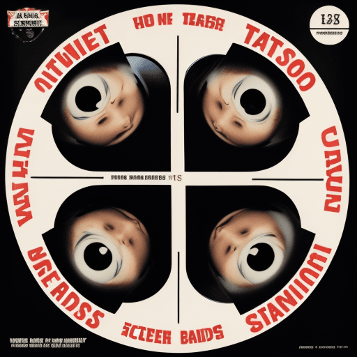 AI generated: Four mans on an cover vinyl album. They got big theets and big sceary eyes. The nam of the band is: ...