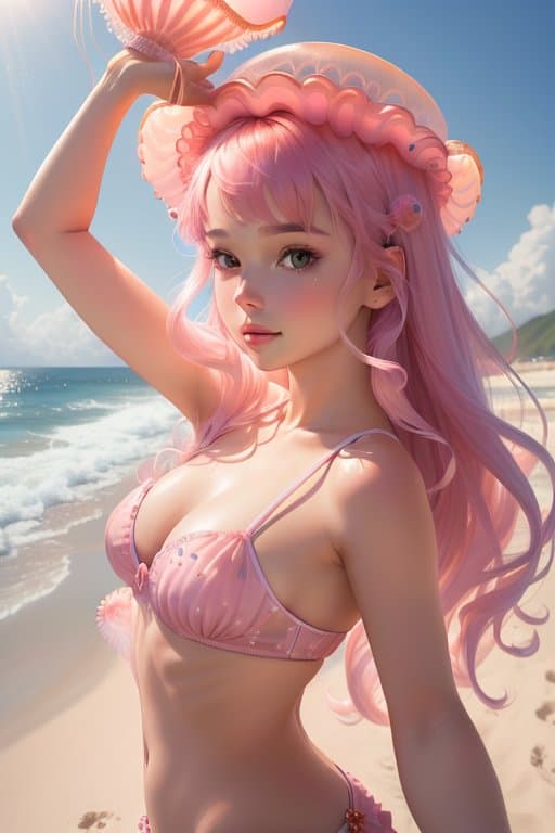 AI generated: a (beautiful:1. 1) young woman taking a selfie while wearing a ((jellyfish:1. 2) on her head), on a ...