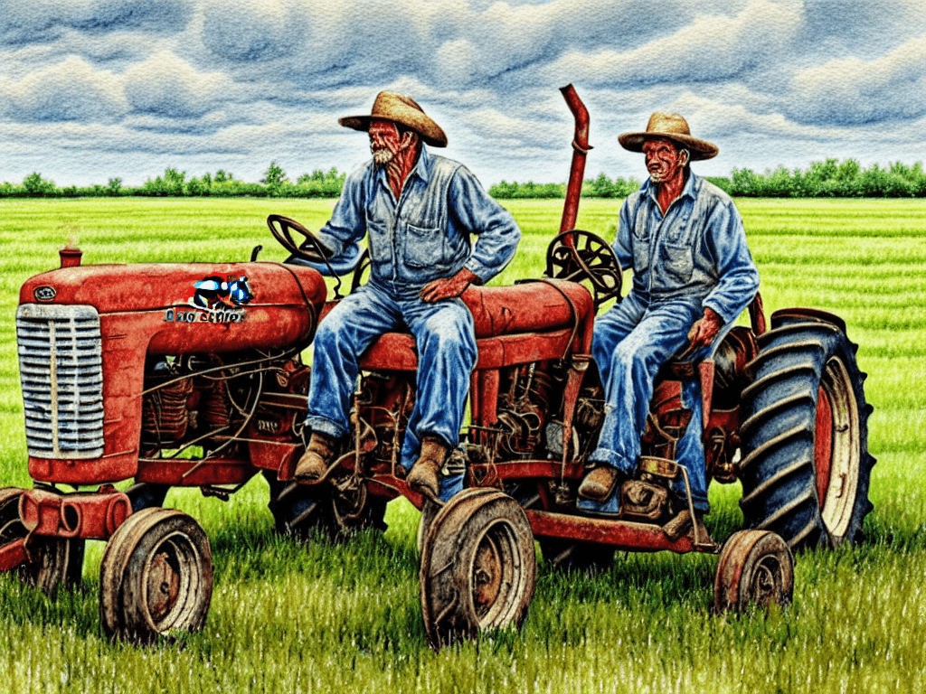 AI generated: old farmer is wearing worn and faded coveralls, and a frazzled straw hat as he drives a JOHN DEER tr...