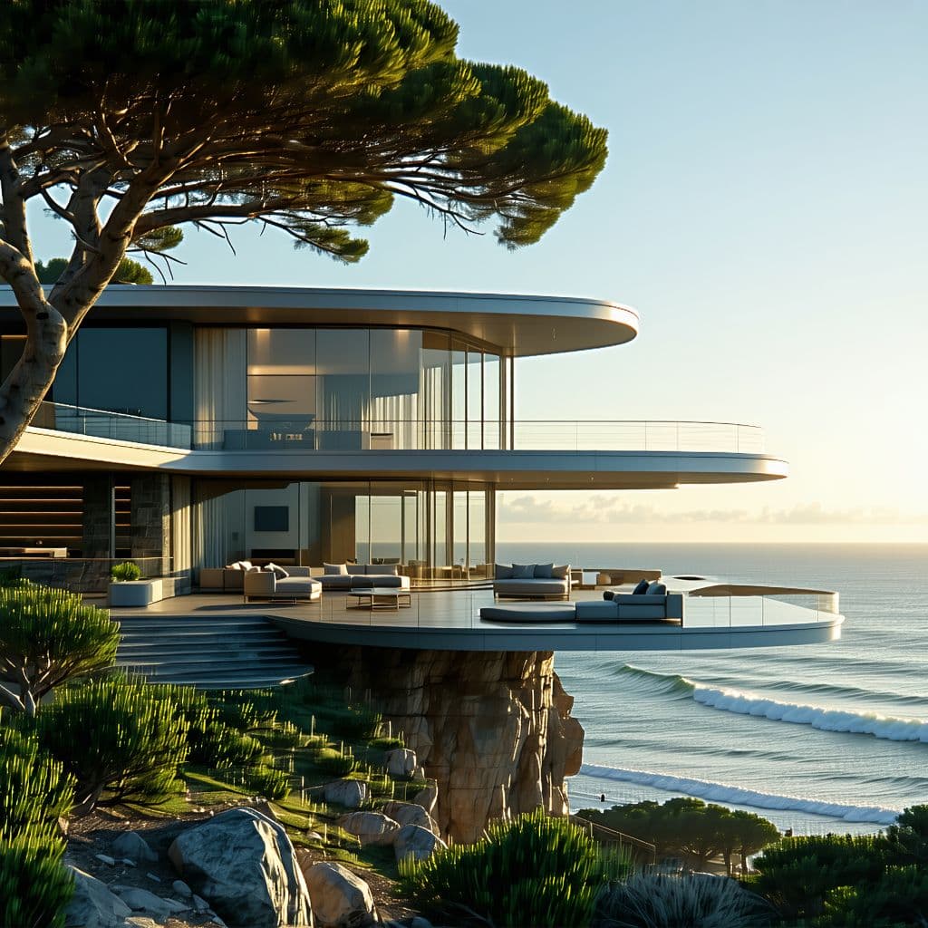 AI generated: Hyper realistic eye level exterior photo of a mid century modern style house overlooking the ocean, ...