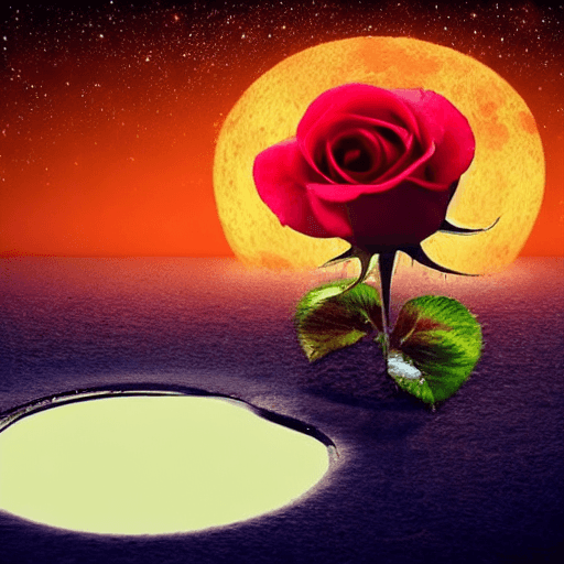 AI generated: a rose grows out of a puddle and the moon shines on it with a doldwn glow