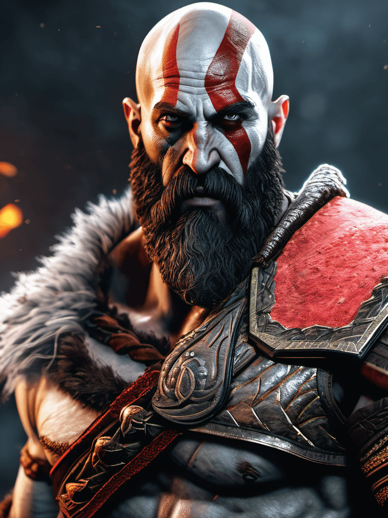 AI generated: Close up portrait of God of War Kratos, hyperrealism, epic compostion, brutal, mist, octane render, ...